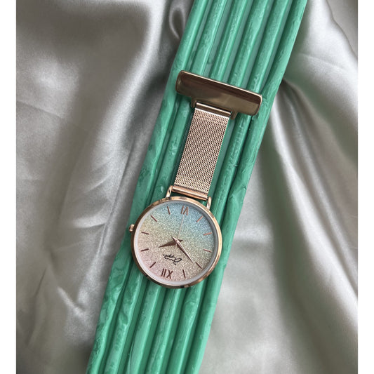 Annie Apple Nurses Fob Watch - Aurora - Glitter Rainbow/Rose Gold - Mesh - 35mm - Annie Apple