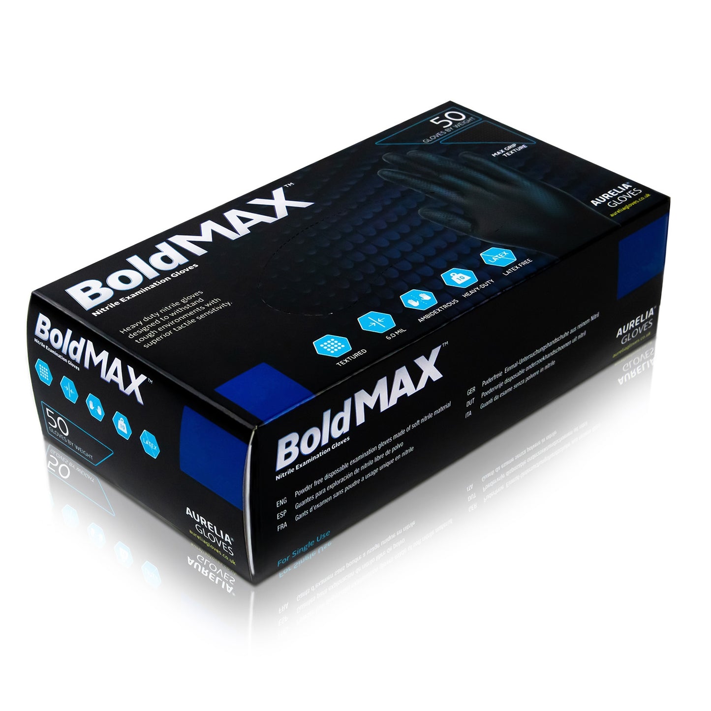 Aurelia® Bold MAX Powder Free Black Nitrile Gloves - Medium - Box of 50 - Aurelia Gloves