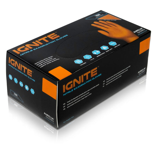Aurelia® Ignite Powder Free Orange Nitrile Gloves - Medium - Box of 100