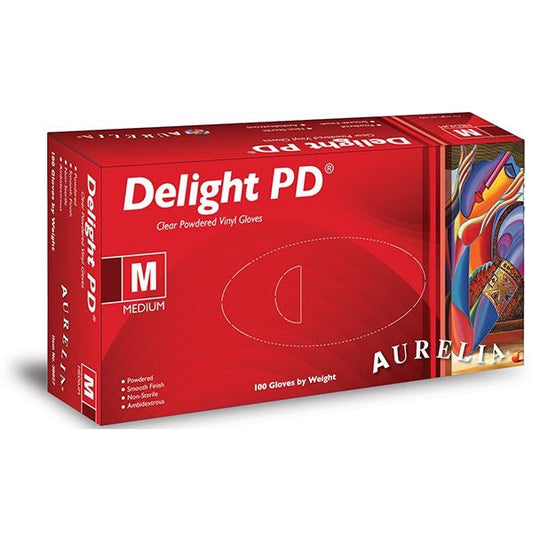 Aurelia® Delight Clear PD® Powdered Vinyl Gloves - Large - Box of 100