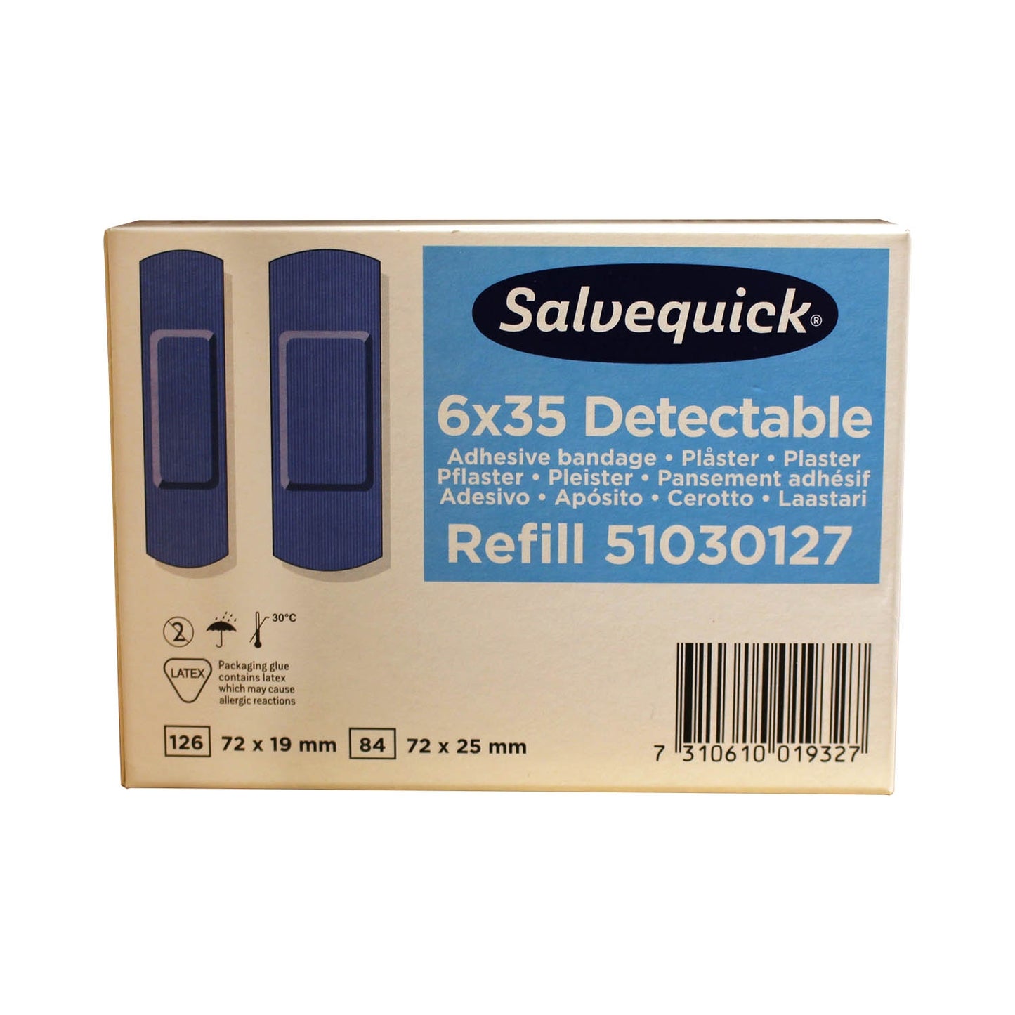 Salvequick Sterile Blue Detectable Plaster, 60x Refills (2100 Plasters) - Safety First Aid