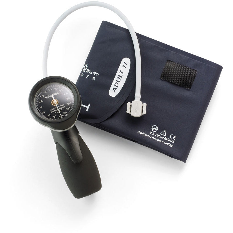 Welch Allyn black sphygmomanometer with a black tube coming out the top of it on top of a navy blue Welch Allyn size Adult 11 blood pressure cuff against a white background.