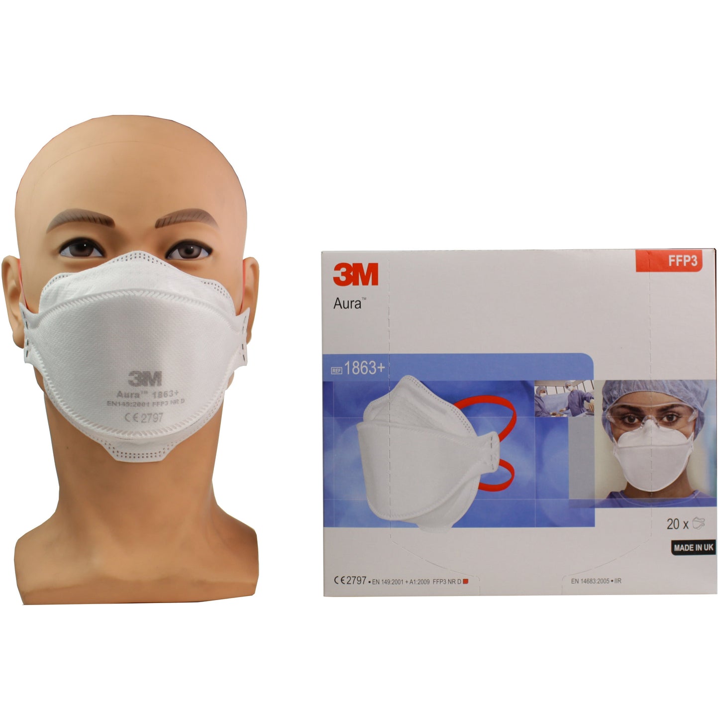 3M™ 1863+ Aura™ Disposable Healthcare Respirator, FFP3 +IIR - Box of 20 - 3M