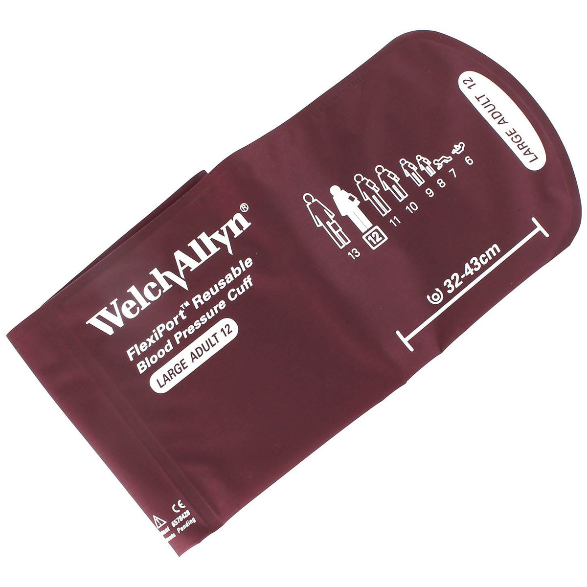 Bright blue Welch Allyn Flexiport size Large Adult 12 blood pressure cuff with the Welch Allyn logo in the top left corner, "Flexiport Reusable Blood Pressure Cuff" underneath and "LARGE ADULT 12" underneath that. On the right hand side there is a measurement line with "32-43cm" written above it. Displayed against a white background.
