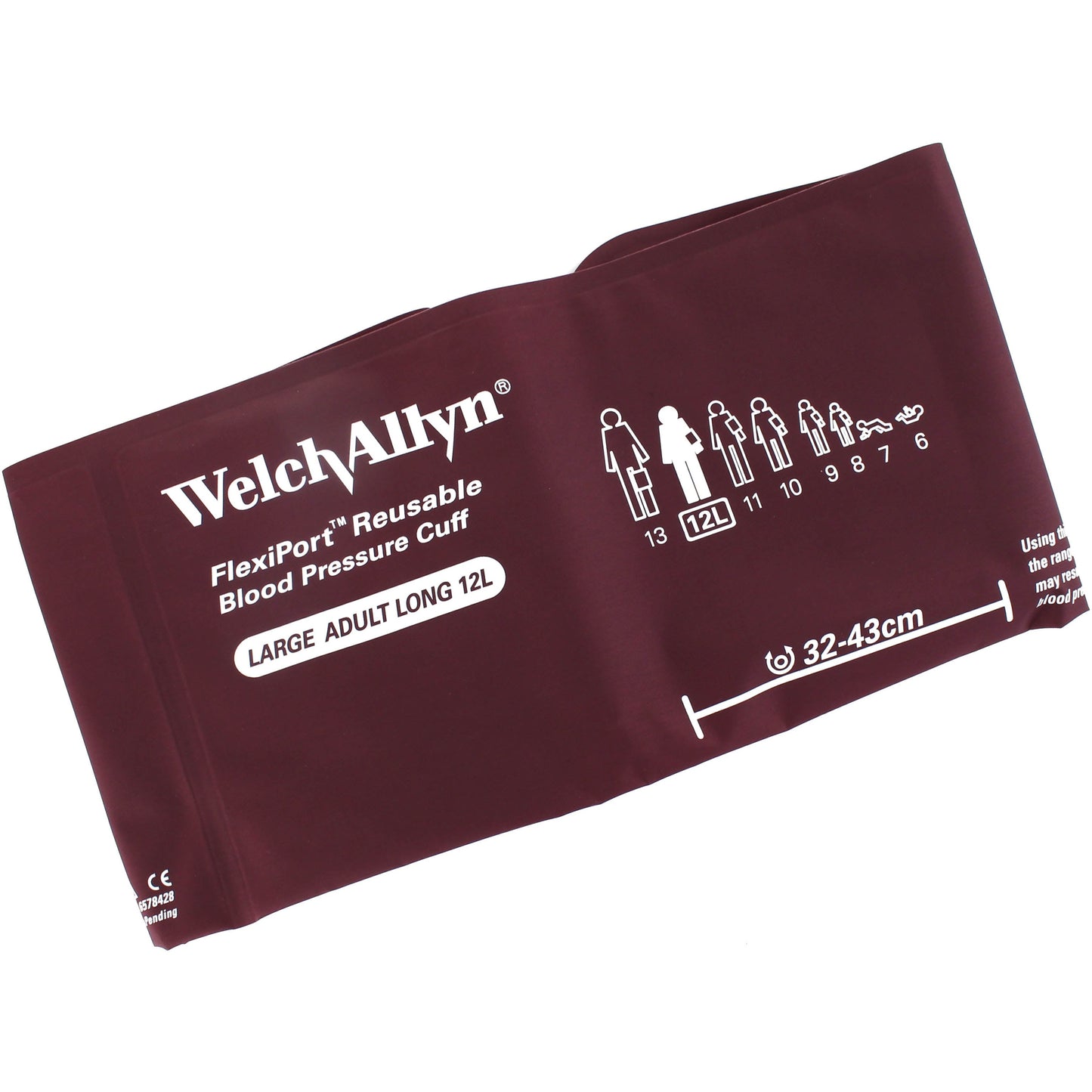 Burgundy Welch Allyn Flexiport size Large Adult 12L blood pressure cuff with the Welch Allyn logo in the top left corner, "Flexiport Reusable Blood Pressure Cuff" underneath and "LARGE ADULT 12L" underneath that. On the right hand side there is a measurement line with "32-43cm" written above it. Displayed against a white background.