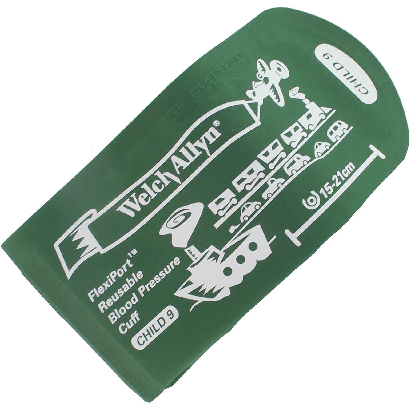 Green Welch Allyn Flexiport size Child 9 blood pressure cuff with the Welch Allyn logo in the top left corner, "Flexiport Reusable Blood Pressure Cuff" underneath and "CHILD 9" underneath that. On the right hand side there is a measurement line with "15-21cm" written above it. Displayed against a white background.