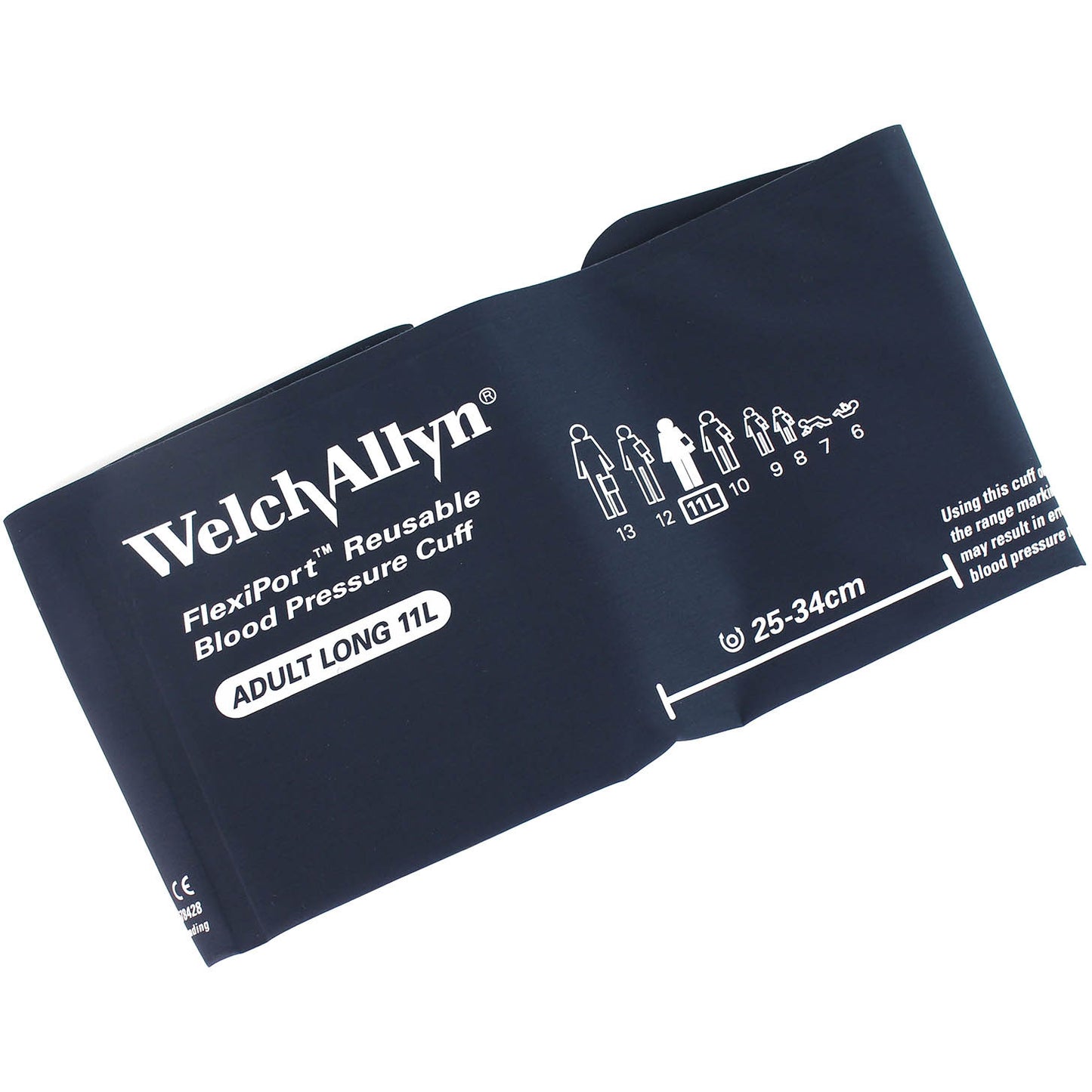 Navy blue Welch Allyn Flexiport size Small Adult Long 11L blood pressure cuff with the Welch Allyn logo in the top left corner, "Flexiport Reusable Blood Pressure Cuff" underneath and "ADULT LONG 11L" underneath that. On the right hand side there is a measurement line with "25-34cm" written above it. Displayed against a white background.34cm) -