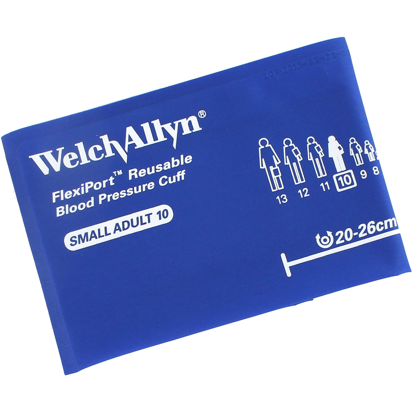 Bright blue Welch Allyn Flexiport size Small Adult 10 blood pressure cuff with the Welch Allyn logo in the top left corner, "Flexiport Reusable Blood Pressure Cuff" underneath and "SMALL ADULT 10" underneath that. On the right hand side there is a measurement line with "20-26cm" written above it. Displayed against a white background.