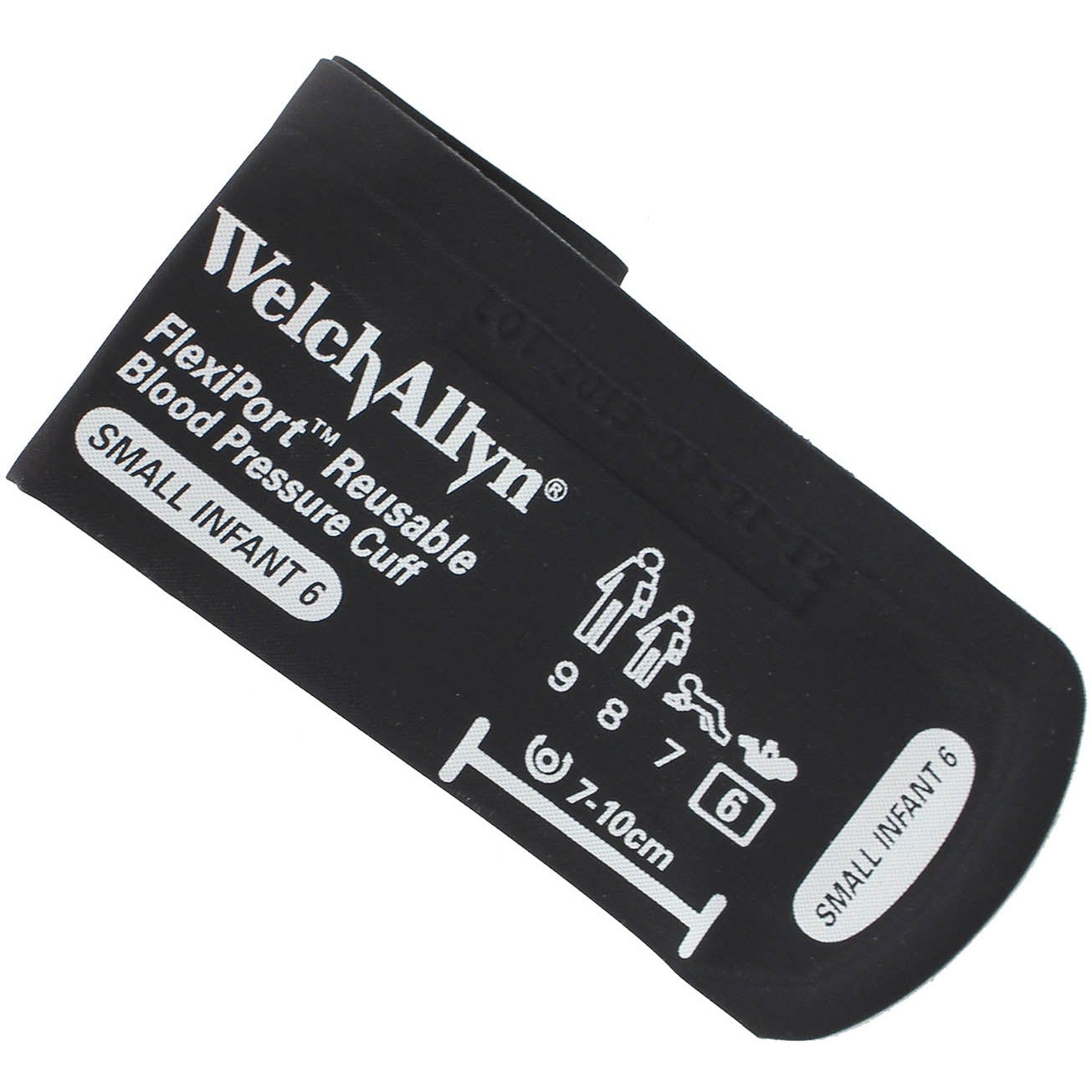 Black Welch Allyn Flexiport size Small Infant 6 blood pressure cuff with the Welch Allyn logo in the top left corner, "Flexiport Reusable Blood Pressure Cuff" underneath and "SMALL INFANT 6" underneath that. On the right hand side there is a measurement line with "7-10cm" written above it. Displayed against a white background.