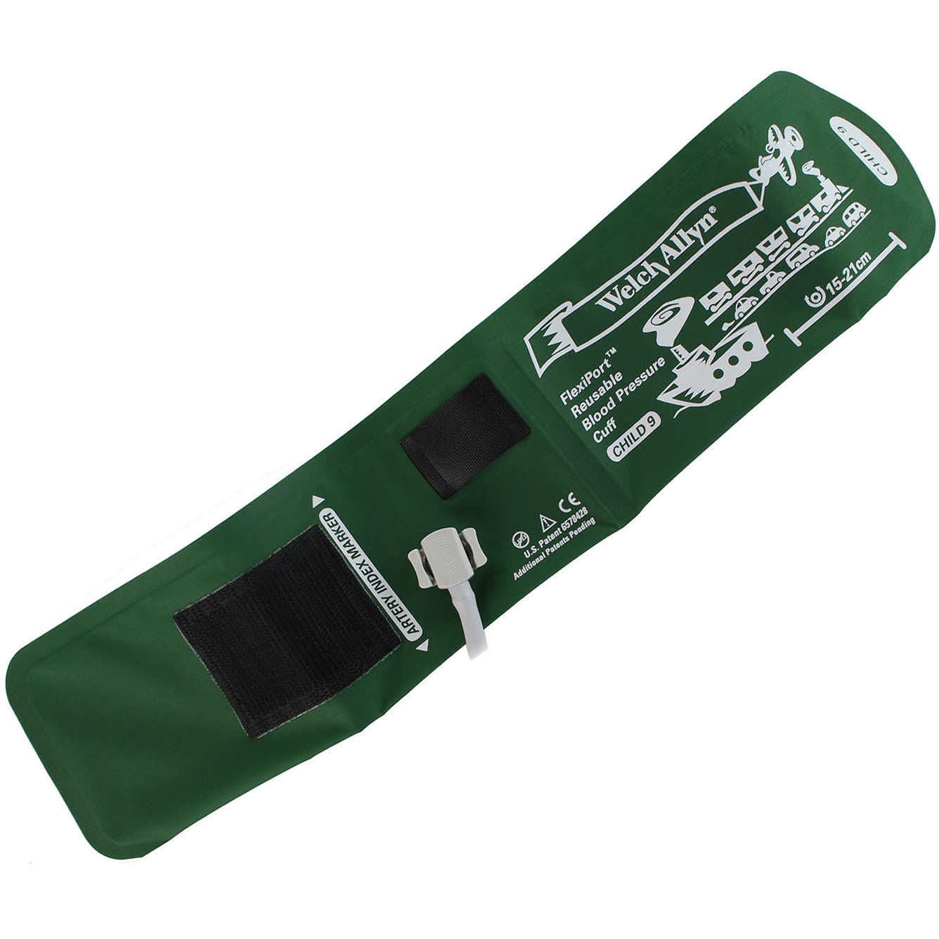 Green Welch Allyn Flexiport size Child 9 blood pressure cuff with the Welch Allyn logo in the top left corner, "Flexiport Reusable Blood Pressure Cuff" underneath and "CHILD 9" underneath that. On the right hand side there is a measurement line with "15-21cm" written above it. Displayed against a white background.