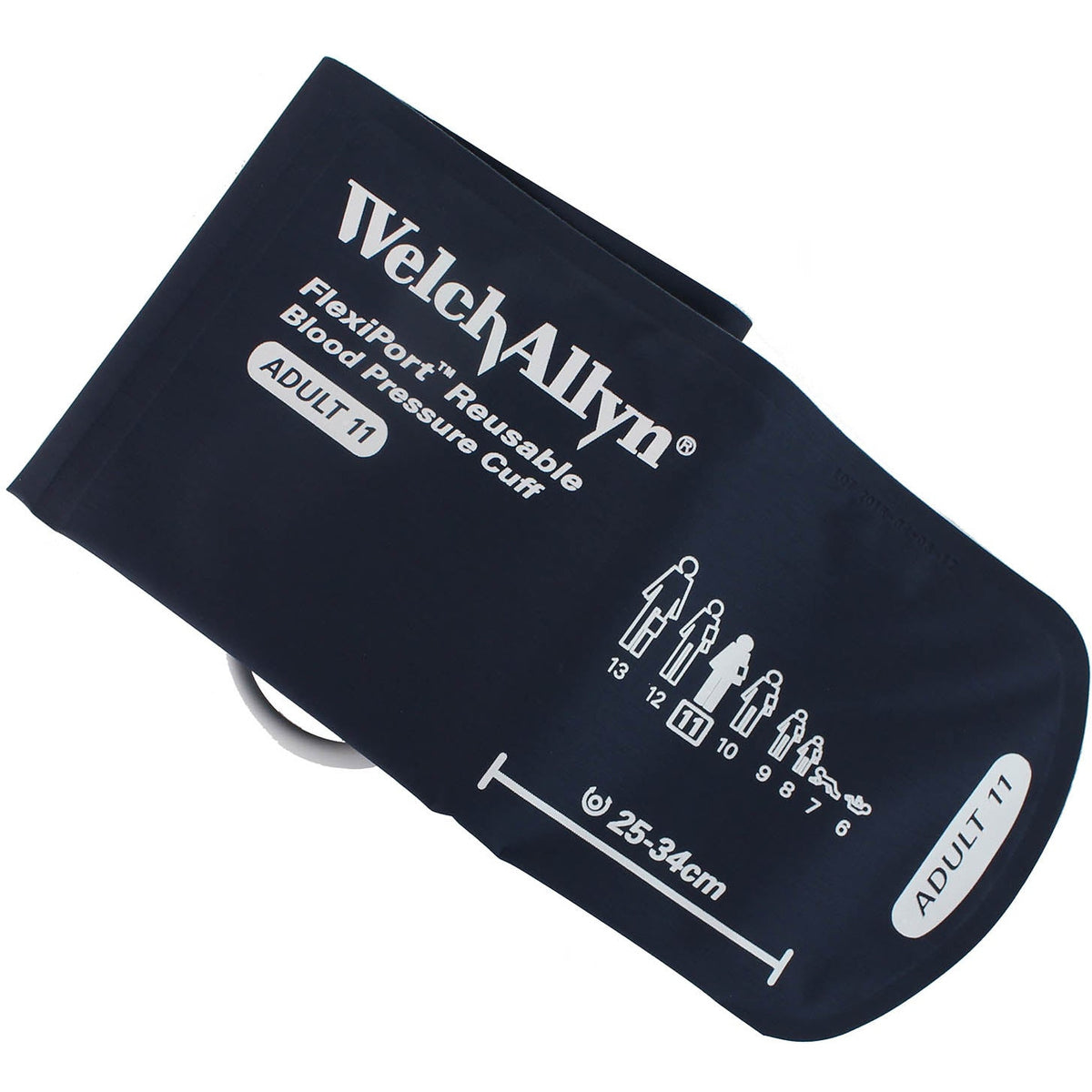 Navy blue Welch Allyn Flexiport size Small Adult 11 blood pressure cuff with the Welch Allyn logo in the top left corner, "Flexiport Reusable Blood Pressure Cuff" underneath and "ADULT 11" underneath that. On the right hand side there is a measurement line with "25-34cm" written above it. Displayed against a white background.