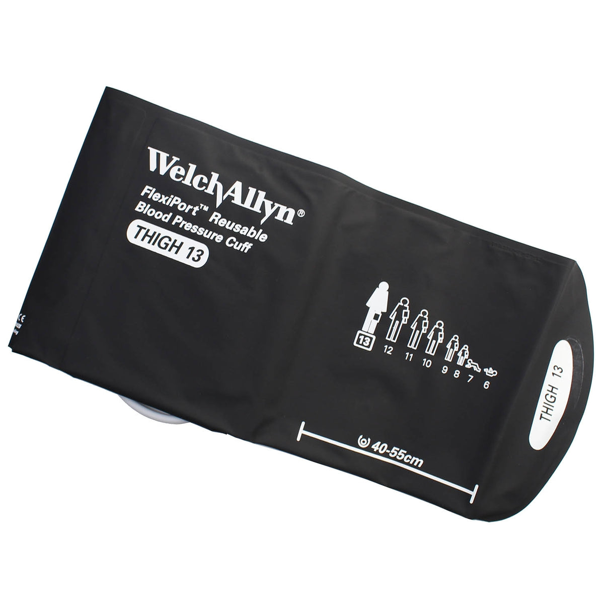 Grey Welch Allyn Flexiport size Thigh 13blood pressure cuff with the Welch Allyn logo in the top left corner, "Flexiport Reusable Blood Pressure Cuff" underneath and "THIGH 13" underneath that. On the right hand side there is a measurement line with "40-55cm" written above it. Displayed against a white background.
