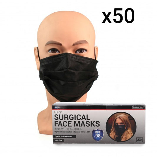 Black Surgical Face Masks - Type IIR Certified x 50