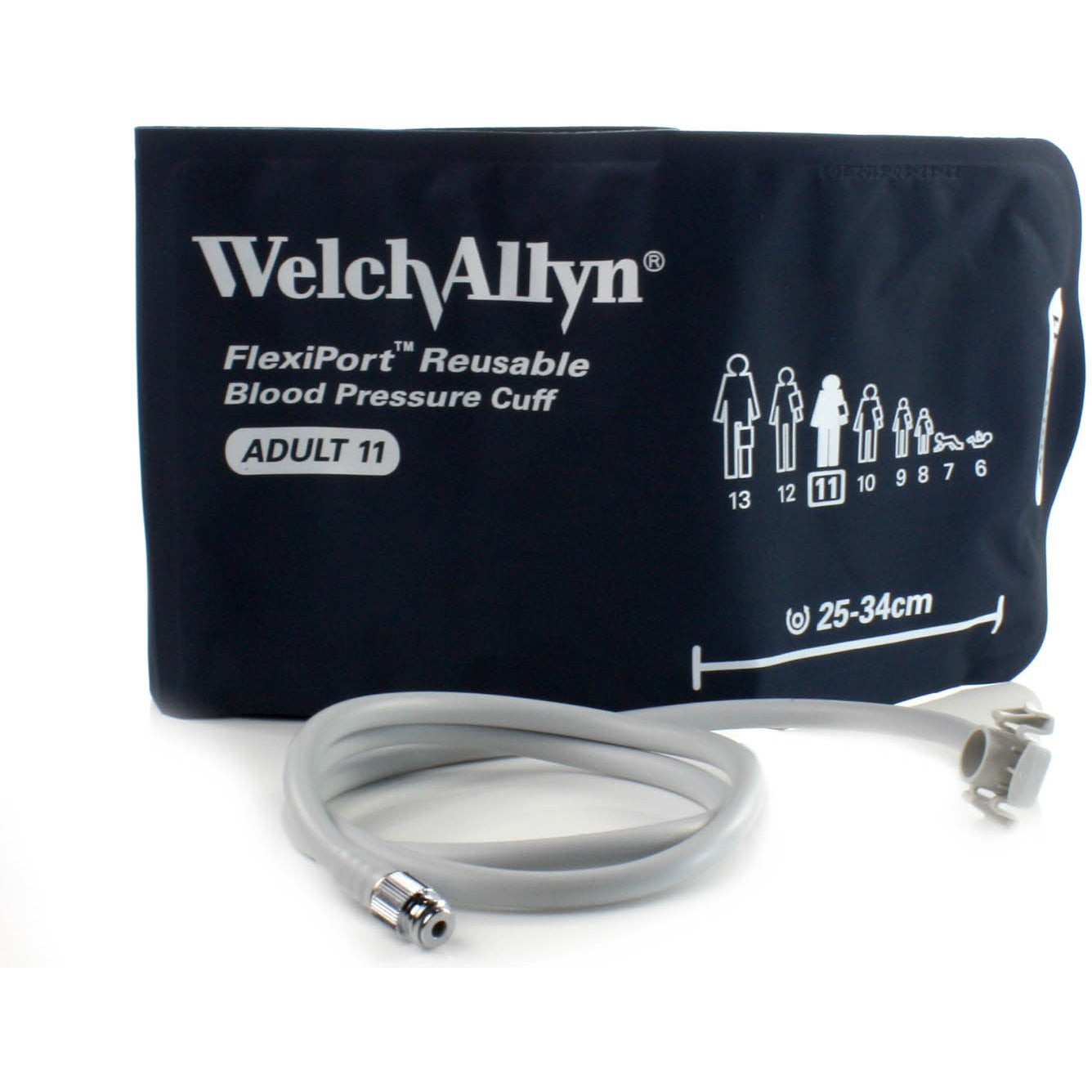 Navy blue size Adult 11 Welch Allyn blood pressure cuff with grey coiled tubing in front of it. The cuff has the Welch Allyn logo in the top left hand corner with "FlexiPort Reusable Blood Pressure Cuff" and the size below it. On the right hand side there is a measurement line with "25-34cm" written above it. Displayed against a white background.