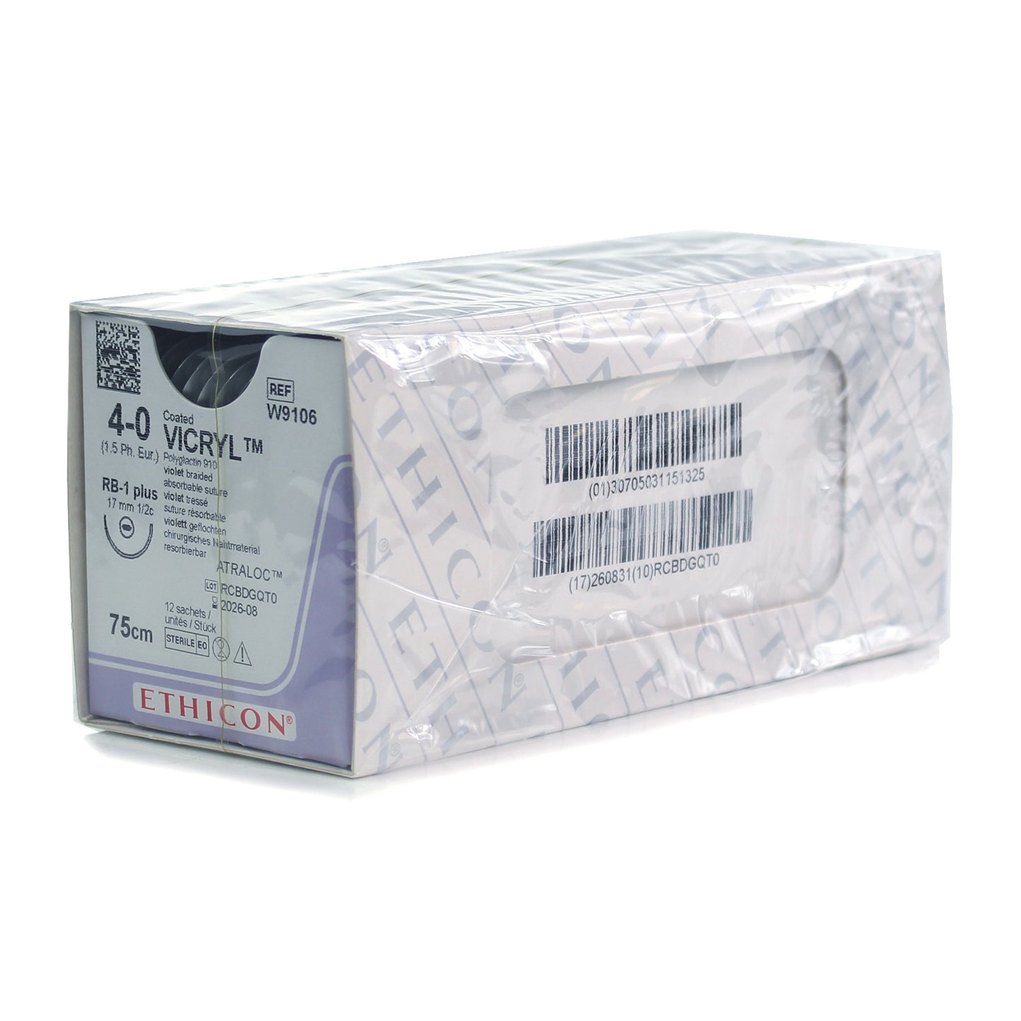 Coated Vicryl Suture 4/0 Violet 75cm, 17mm 1/2 Circle Taper Point Plus Needle x 12 - Ethicon