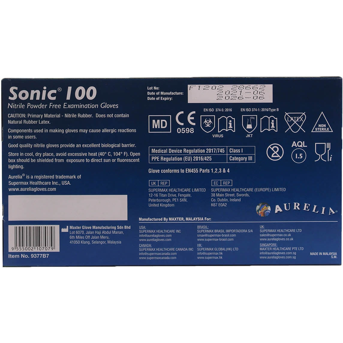Aurelia Sonic 100 Medium Blue Nitrile Powder-Free Examination Gloves - Non Sterile (100) - Aurelia Gloves