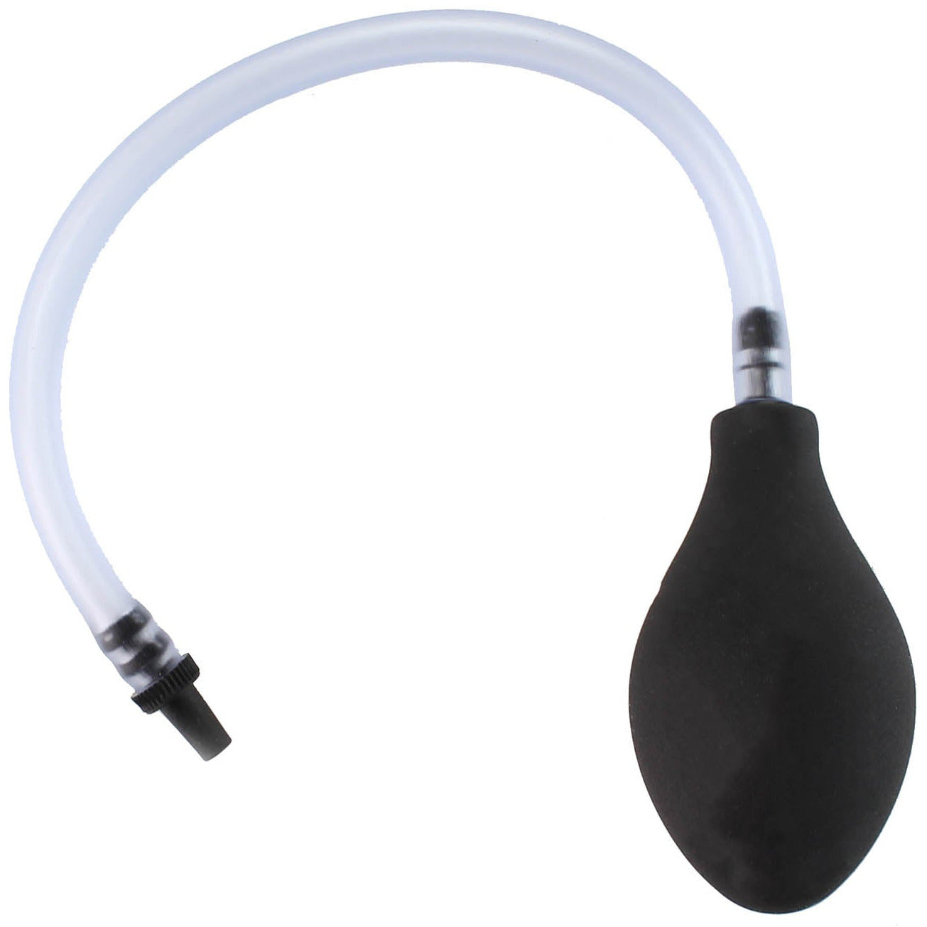 Welch Allyn Otoscope black insufflation bulb, clear tube and black tip against a white background.