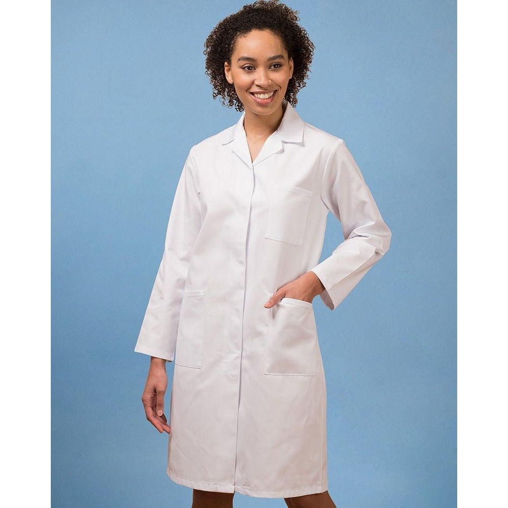 Ladies Stud Fasten Laboratory Lab Coat - White -