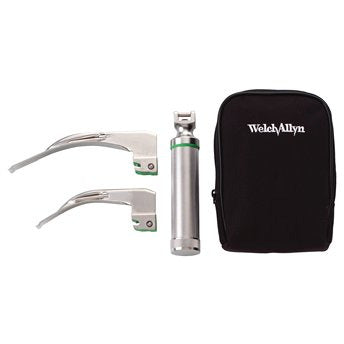 Welch Allyn English Macintosh Laryngoscopy set with two blades next to a handle next to a black soft material case with Welch Allyn logo engraved on the front. Displayed against a white background.