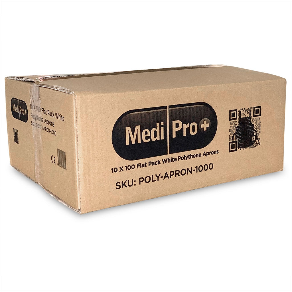 1 x Pack of 100 White Aprons (16 Micron, NHS Spec, Flat Pack) - MediPro