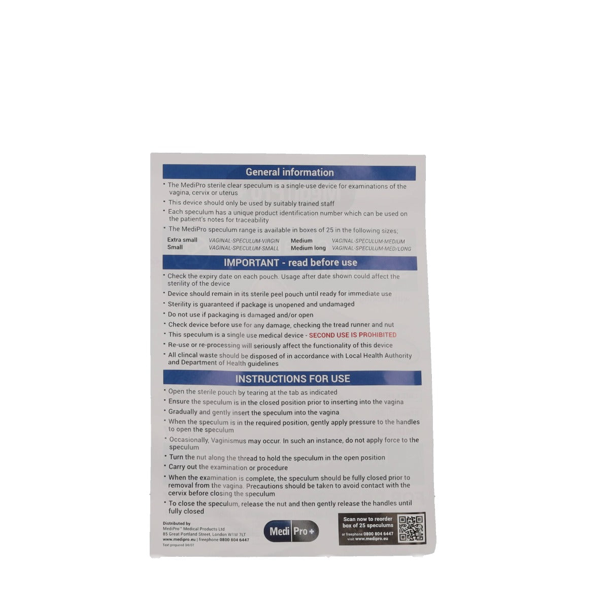 Back of MediPro vaginal speculum instruction manual with three headings "General information" "IMPORTANT - read before use" and "INSTRUCTIONS FOR USE" in blue rectangles with information underneath each. MediPro logo and QR code at the bottom. Displayed against a white background.