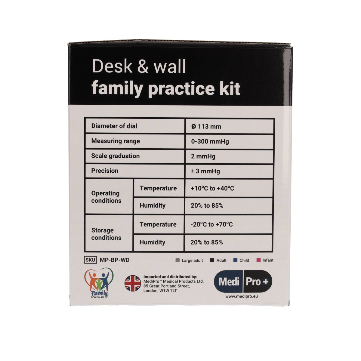 Side of white MediPro desk sphygmomanometer box. Black top edge with "Desk & wall family practice kit" insid. Below in white section table with features of the sphygmomanometer and MediPro logo bottom right hand corner. Displayed against white background.