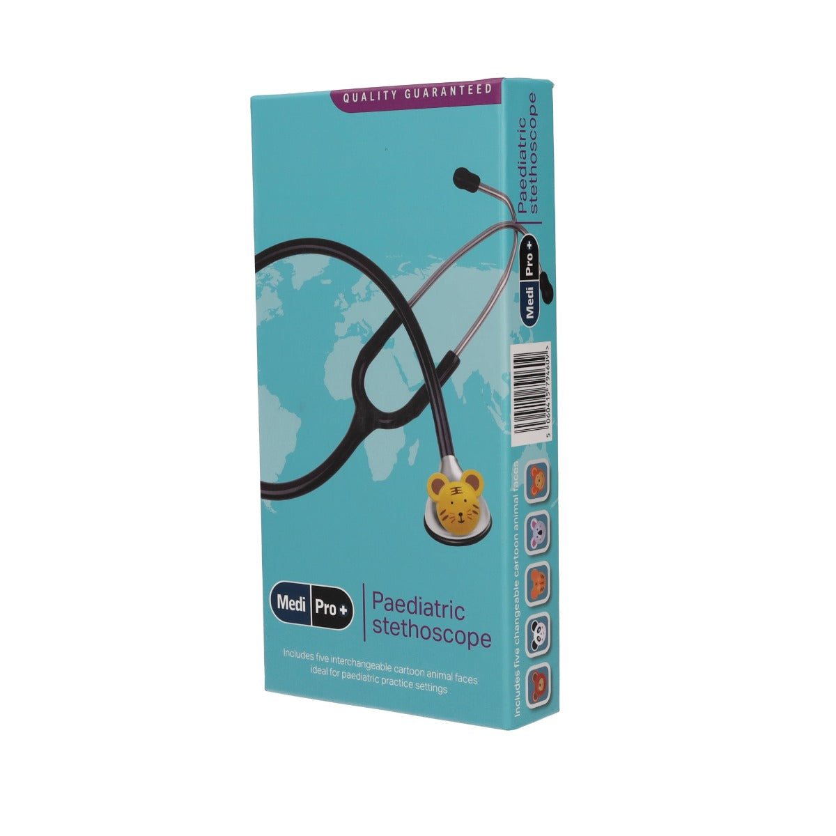 MediPro paediatric stethoscope box which is turquoise with a light blue world map in the middle and a photo of the black stethoscope with a tiger face cliped on top of the stethoscope head. The side of the box is visible with squares showing the different clip-on animal faces (bear, panda, tiger, koala and monkey) that come with the stethoscope. The barcode is also visible on the side. Displayed against a white background.