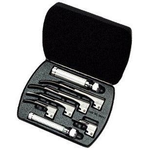 Welch Allyn Miller Fibre Optic Laryngoscope set inside a hard case with two handles and 5 blades. Displayed against a white background.