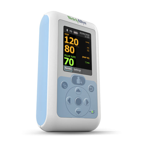 Welch Allyn Connex ProBP 3400 digital blood pressure monitor with a black screen and a blue control pannel at the bottom. Displayed against a white background.