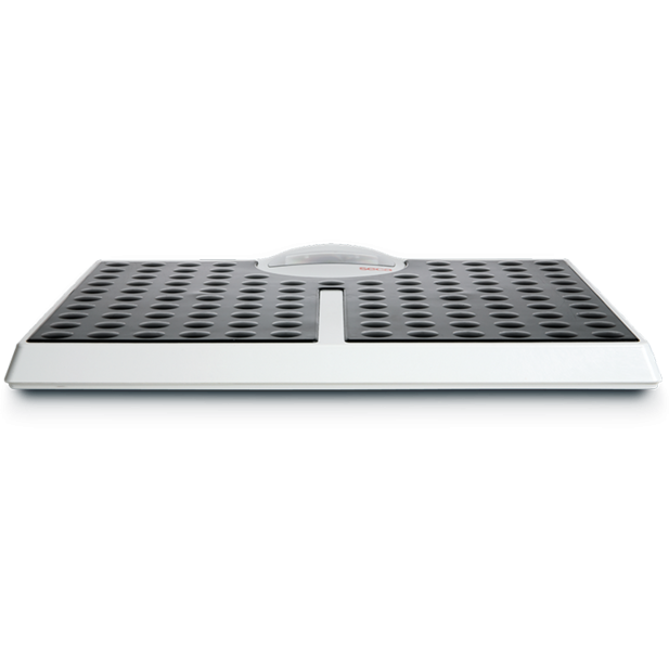 Bottom up view of white and black SECA 813 digital personal flat scales. Displayed against a white background.