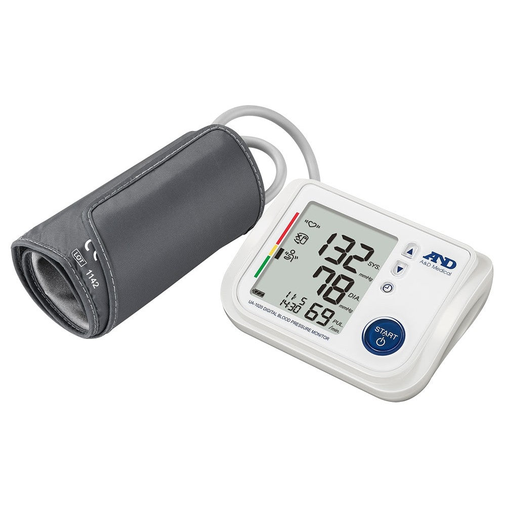 An A&D Medical blood pressure monitor with atrial fibrillation screening with a gray fabric cuff and a white control unit featuring a digital LCD screen, shown on a plain white background.