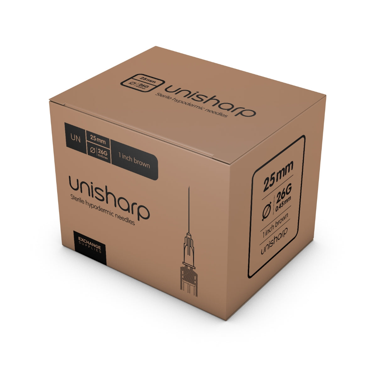 Unisharp Needle: Brown 26G 25mm (1 inch) x 100 - Unisharp