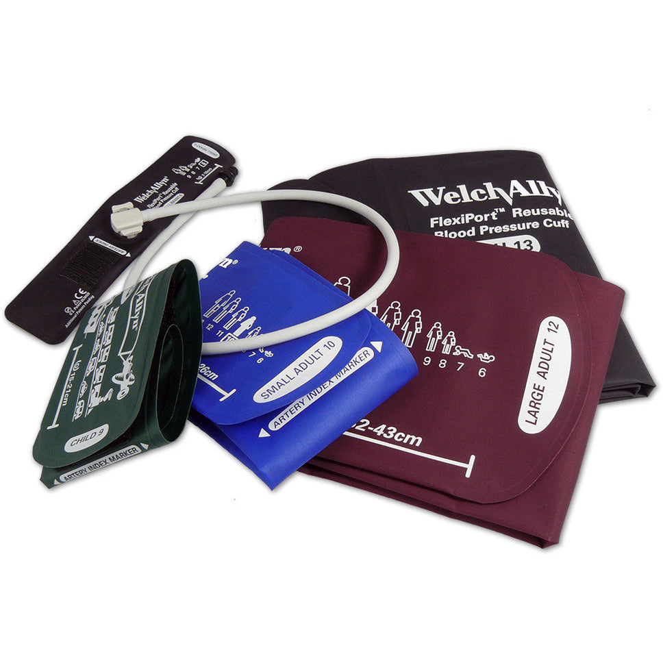 A pile of different coloured Welch Allyn Flexiport blood pressure cuffs. At the bottom black size Adult 13 cuff, burgundy size Large Ault 12 on top, bright blue size Small Adult 10, green size Child 9 on the very top and then a small thin cuff at the back of the photo with a grey tube attached to it. Displayed against a white background.