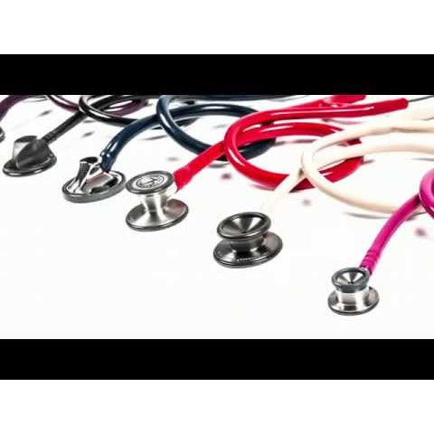 Different models of Littmann stethosocpes displayed in a line with their tubing looped and facing the right hand side of the picture. There is plum, black, red, alabaster and rasberry tubing with Mast Cardiology, Classic III, Cardiology VI and paediatric stethoscope heads.