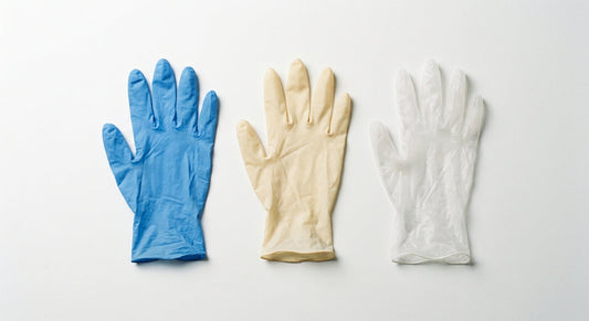 Three medical gloves in nitrile blue, natural latex, and clear vinyl arranged side by side on a clean white surface under soft studio lighting.