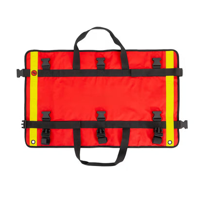 A red Elite Bags TRIA modular panel for medical supplies with high-visibility yellow reflective strips on the left and right edges, secured with four black plastic buckle straps and featuring a top carry handle and a shorter front strap, shown against a plain white background.