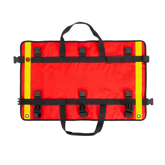 A red Elite Bags TRIA modular panel for medical supplies with high-visibility yellow reflective strips on the left and right edges, secured with four black plastic buckle straps and featuring a top carry handle and a shorter front strap, shown against a plain white background.