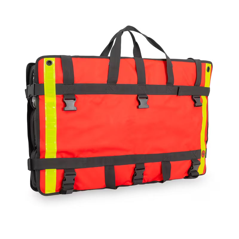 A bright red Elite Bags TRIA modular panel with black straps, buckles, and handles, featuring high-visibility yellow reflective strips on the sides, shown on a white background.