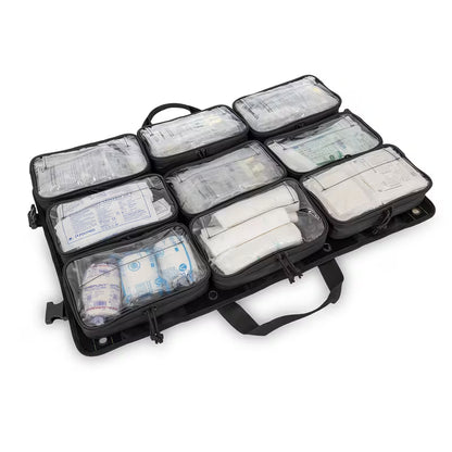 An open black Elite Bags TRIA modular panel organizer with multiple zippered compartments containing white medical supplies, shown on a plain white background.