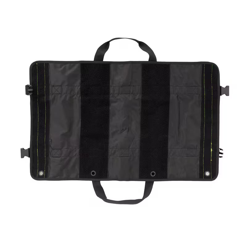 A black Elite Bags TRIA modular panel with two top carrying handles, shown flat against a solid white background. The mat features three vertical black velcro-style strips, multiple horizontal stitched pockets, and subtle lime green piping accents along the edges.
