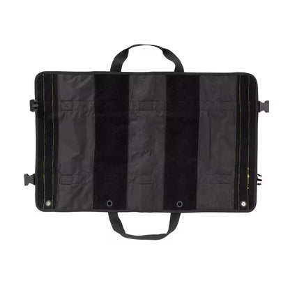 A black Elite Bags TRIA modular panel with two top carrying handles, shown flat against a solid white background. The mat features three vertical black velcro-style strips, multiple horizontal stitched pockets, and subtle lime green piping accents along the edges.