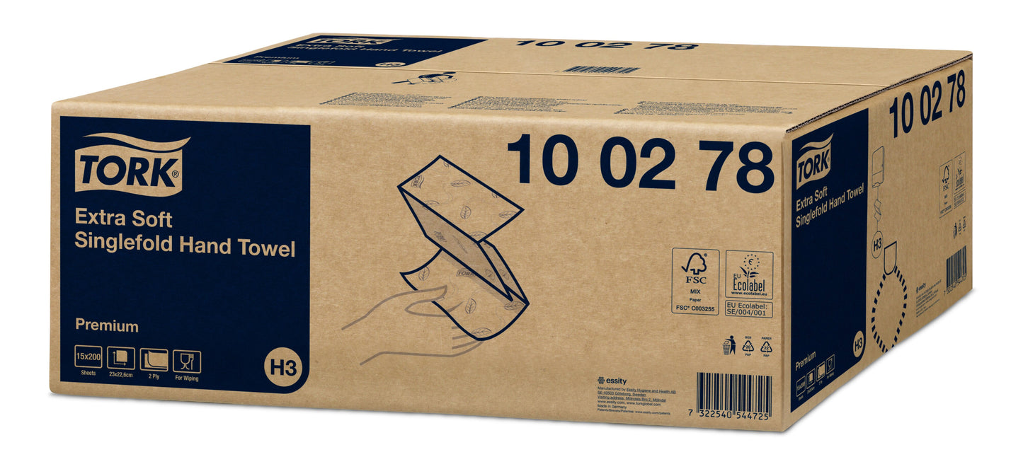 Tork Extra Soft Singlefold Hand Towel Premium 2Ply - 100278 - 3000 Towels - 