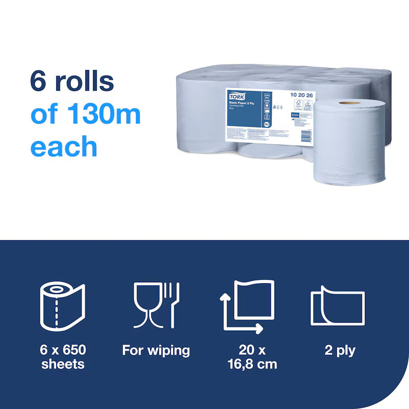 Tork Basic Centrefeed Wiping Paper Blue 2 ply 130m x 6