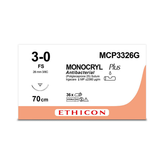 MONOCRYL PLUS Sutures, monofilament, undyed, 3-0, 70cm, Reverse Cutting, 26mm, 3/8C - Box 12 - 