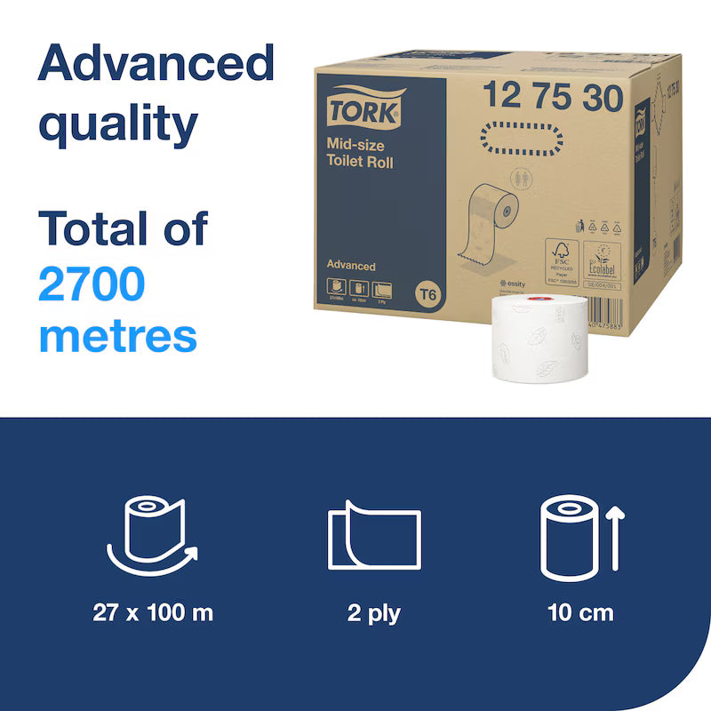 Tork Mid-size Toilet Roll White T6 - Case of 27 - 