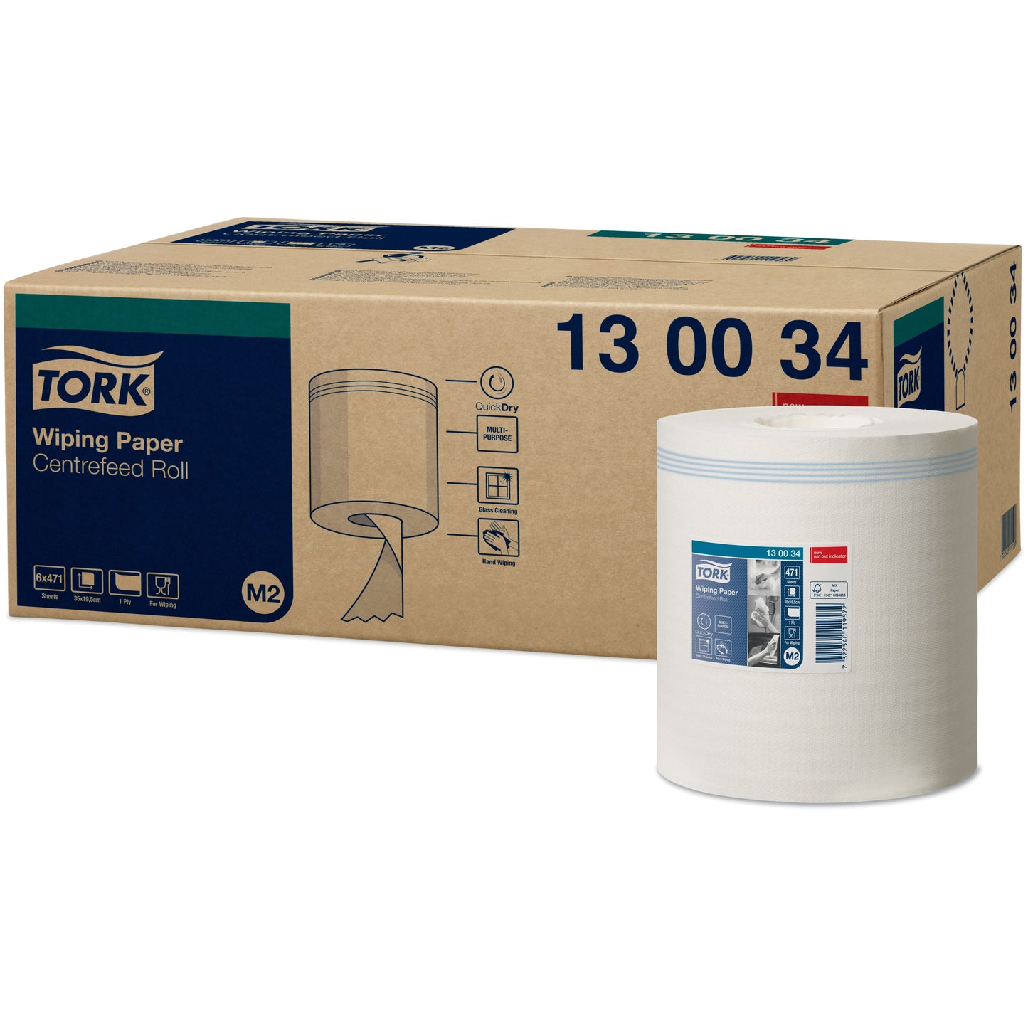 Tork Universal Centrefeed Wiping Paper 1Ply - 130034 - Case of 6 Rolls - 19cm x 165m - 