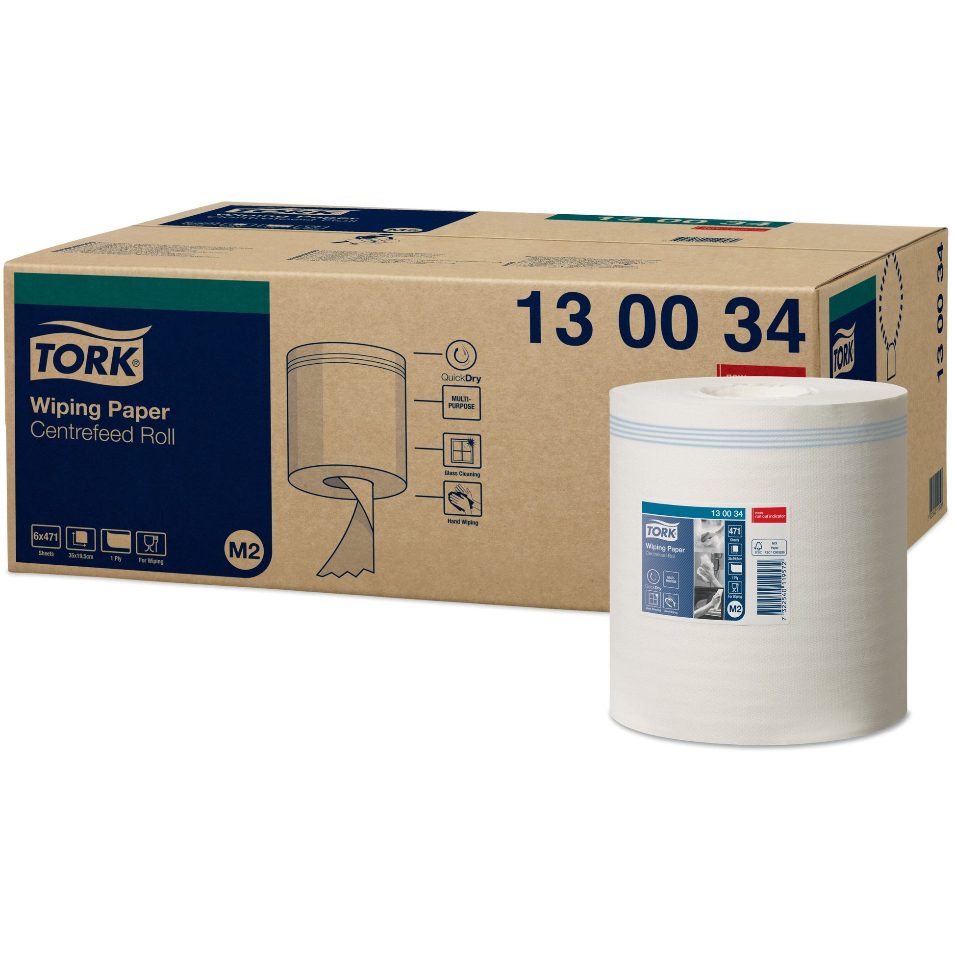 Tork Universal Centrefeed Wiping Paper 1Ply - 130034 - Case of 6 Rolls - 19cm x 165m - 