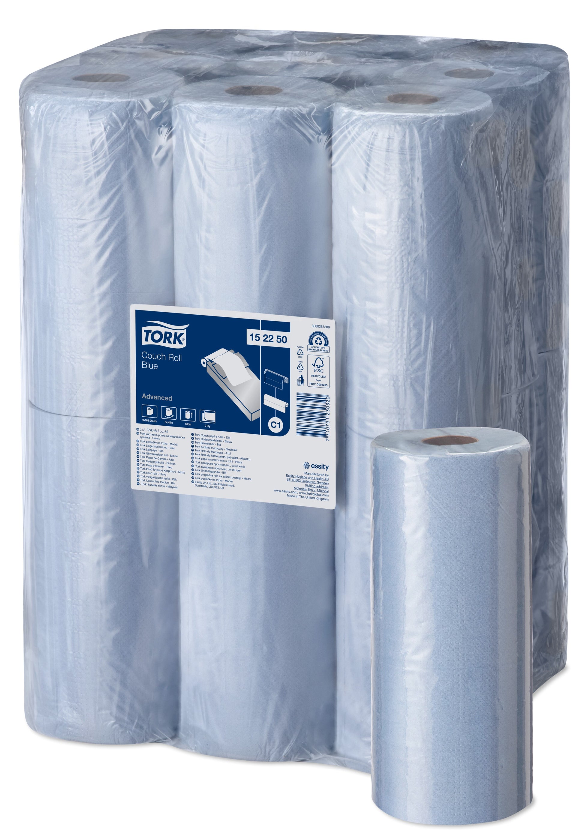 Tork Advanced Blue Couch Roll 2Ply - 152250 - Case of 9 Rolls x 56m - 