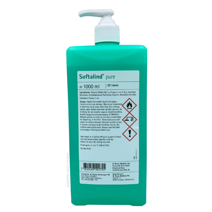 Softalind Pure 1000ML Hand Disinfectant Bottle - Dispensing Pump - 