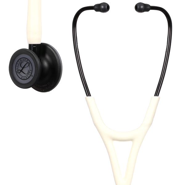 The binurals, bell and some of the tubing of the satin black matte alabaster Littmann Cardiology IV Diagnostic Stethoscope is visible in the image with the Littmann logo clear on the stethoscopes bell.